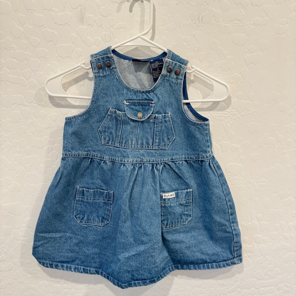 Vintage Route 66 Blue Denim Dress Kids 4T Sleeveless Cotton Pockets 90s Ruffle